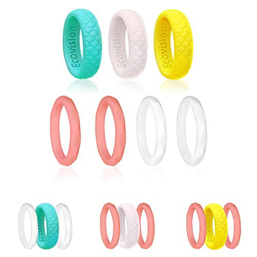 Affordable Thin & Soft Rubber Wedding Bands for Beach Workout Travels Sports Ecovision 7 Pack Stackable Silicone Wedding Rings for Women 